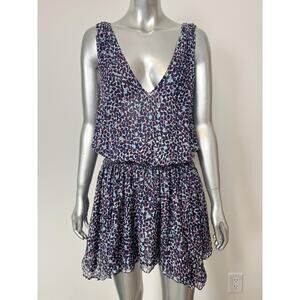 Ramy Brook Dress Womens Medium Blue Silk Geometric Print V Neck Mini Blouson